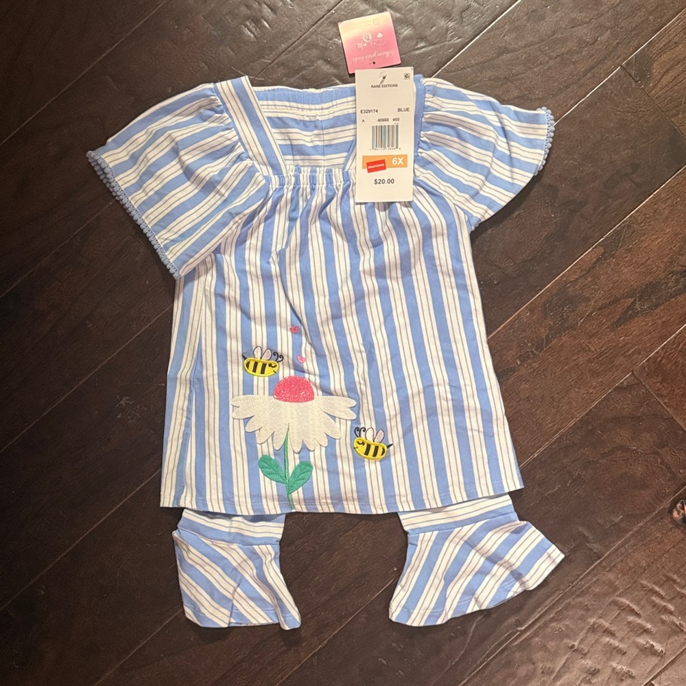 Blue Striped Toddler Outfit with Floral and Bee Design 6x
